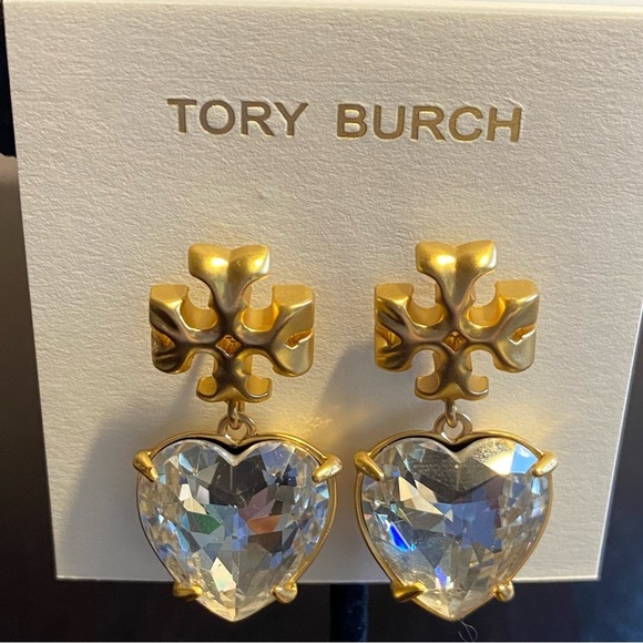 Tory Burch Kira Crystal faceted heart drops hanging from TB logo studs - Picture 2 of 10